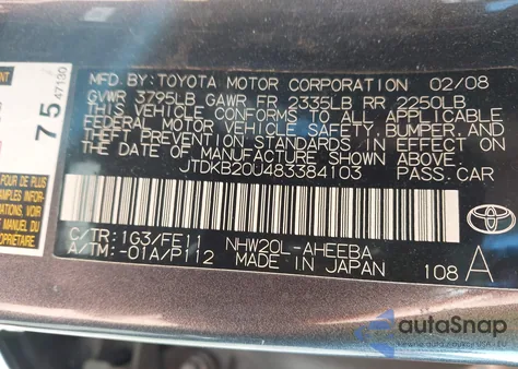 2008 Toyota Prius from USA, damaged, VIN JTDKB20U483384103